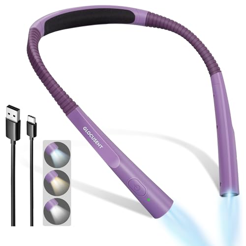 Glocusent Upgraded LED Neck Reading Light, Book Light for Reading in Bed, 30-min Timer, 3 Colors & 3 Brightness Adjustable, Rechargeable & Long Lasting, Perfect for Reading, Knitting - color: Purple, size: Slim-Medium