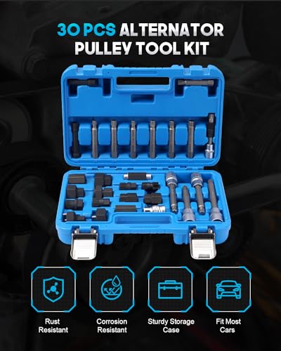 Alternator Pulley Removal Tool & Alternator Decoupler Pulley Tool | 30-piece socket bit set for clutch freewheel and decoupler pulley removal/installation; Compatible with Volvo BMW and More
