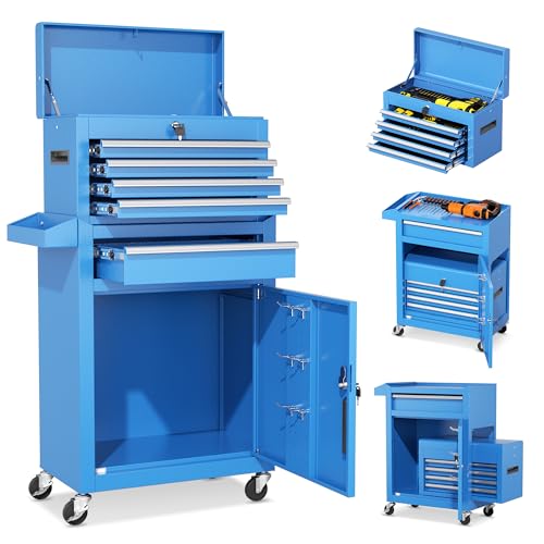INTERGREAT Blue Tool Chest, 5-Drawer Rolling Tool Chest with Detachable Top Tool Box, Tool Chests with Universal Lockable Wheels, Metal Tool Cart for Garage, Workshop, Barbershop - color: Blue, size: 5 Drawers