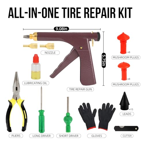 Tire Gun Plug Repair Kit Tire Gun Repair Kit Tire Plug Kit Heavy Duty Professional Car Tire Repair Kit with Plugs Tire Patch Kit Tire Puncture Repair Kit Tire Plug Repair Kit (Brown) - color: Brown