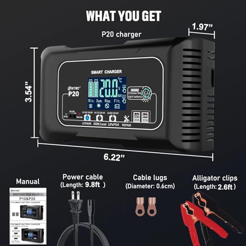 20 Amp Lithium Battery Charger 12V 24V LiFePO4 Battery Charger, Trickle Charger for Car Battery Motorcycle Lawn Mower Marine Boat, Battery Maintainer for Lead Acid (AGM/Gel/SLA...)