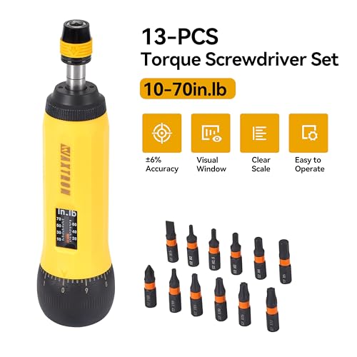 Adjustable Torque Screwdriver, 1/4" Quick-Release Bit Holder, 10-70 in-lb, 13-Piece Set, ±6% Accuracy