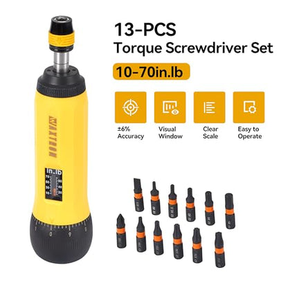 Adjustable Torque Screwdriver, 1/4" Quick-Release Bit Holder, 10-70 in-lb, 13-Piece Set, ±6% Accuracy