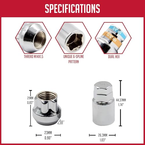 Wheel Accessories Parts 5 Locks + Key M14x1.5 14x1.5 Thread Open End 0.83" Long Locking Wheel Lug Nuts Lock Chrome Dual Hex Key 13/16" and 3/4" Hex Fits Most 2018+ Jeeps - color: Chrome