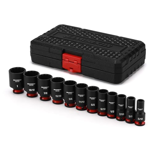 MIXPOWER 12 Pieces 3/8'' Drive Semi-Deep Impact Socket Set,12 Point,SAE,5/16"-1",CR-MO,Axle Nut Impact Grade Socket for Easy Removal - size: 5/16"-1"