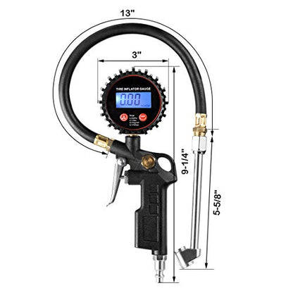 CZC AUTO Digital Tire Inflator Pressure Gauge, LED Display Tyre Deflator Gage with Dual Head Chuck Rubber Hose MNPT Fitting, Compatible with Air Pump Compressor for Truck RV Car Motorcycle Bike Bus