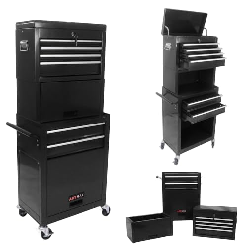 6-Drawer Tool Chest, 3-in-1 Rolling Tool Box with Detachable Top Toolbox & Key Lock,Tool Cabinet with Protective Liner & Universal Lockable Wheels,Metal Storage Cart for Garage,Workshop (Black) - color: Black, size: 6 Drawers