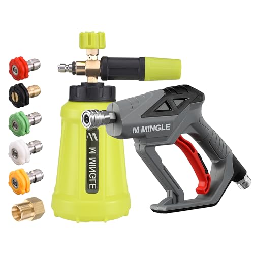 M MINGLE High Pressure Washer Gun Snow Foam Lance, 4000 PSI Cannon Foam Blaster Power Washer with 1/4" Quick Connector, Car Wash Foam Cannon Kit with 5 Pressure Washer Nozzle Tips, 1 Liter - color: yellow