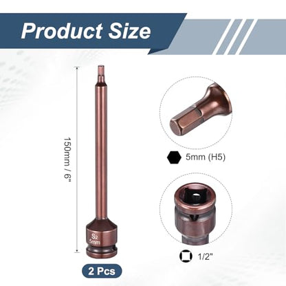 HARFINGTON 2pcs Impact Hex Bit Socket 1/2" Drive 5H (5mm) Hex Bits 6" Length S2 Steel Metric Impact Wrench Socket Adapter Tool for Automotive Repair Industrial Construction and Home DIY - size: H5 x 1/2" x 6"