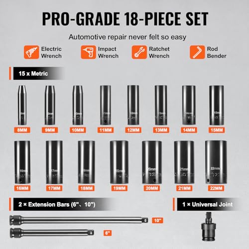 VEVOR Drive Impact Socket Set 3/8" - 18 Piece Deep Socket Set Metric 8-22mm - 6 Point CR-V Alloy Steel for Auto Repair - Easy-to-Read Size Markings - Rugged Construction Includes Storage Case - style: 3/8" 18PCS