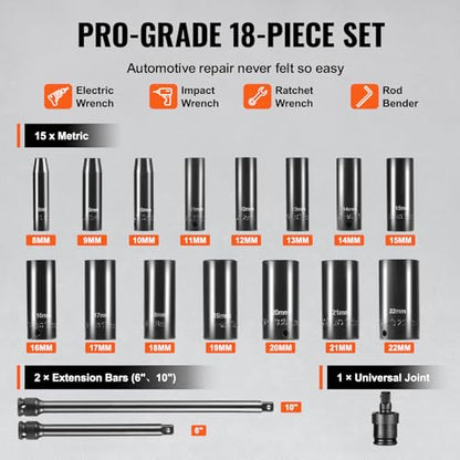 VEVOR Drive Impact Socket Set 3/8" - 18 Piece Deep Socket Set Metric 8-22mm - 6 Point CR-V Alloy Steel for Auto Repair - Easy-to-Read Size Markings - Rugged Construction Includes Storage Case - style: 3/8" 18PCS