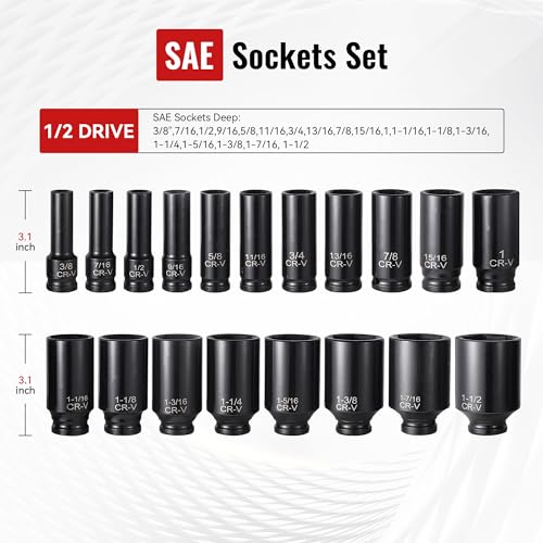 Reniteco 25-Piece 1/2" Drive Socket Set, SAE (3/8"- 1-1/2"), Deep Sockets, Extension Bars, 1/2" F to 3/8" M Reducer,3/8" F to 1/2" M Reducer, Universal Joint, 6 Point Design, Cr-V - size: 1/2" 25 PCS SAE