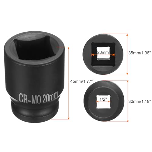 HARFINGTON 4 Point Square Socket 1/2" Drive 20mm Metric Square Impact Socket CR-MO Blackening Standard Wheel Sockets Pneumatic Socket Tool for Auto Repair Mechanical Maintenance Home Use - size: 20mm