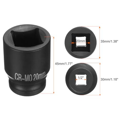 HARFINGTON 4 Point Square Socket 1/2" Drive 20mm Metric Square Impact Socket CR-MO Blackening Standard Wheel Sockets Pneumatic Socket Tool for Auto Repair Mechanical Maintenance Home Use - size: 20mm