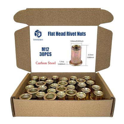 30PCS M12 x 1.75 Rivet Nuts, Made of Carbon Steel with a zinc-Plated Finish, Featuring a Flat Head and Threaded Insert knurled Nutsert Kit - size: M12 1.75 (30PCS)