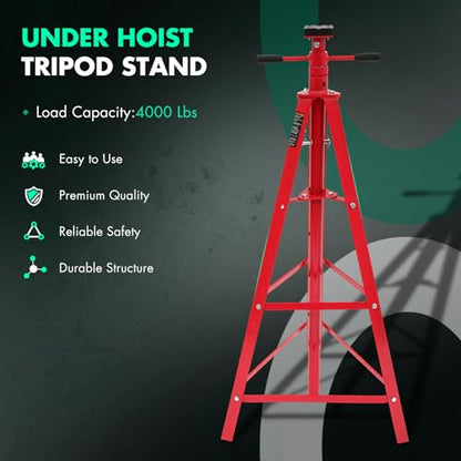 Under Hoist Tripod Stand 4000 LBS /2 Ton Capacity Lift Stand for Garages, Repair Shops, and DIY, Lift Range 47" to 82.7", Heavy Duty Steel, Red