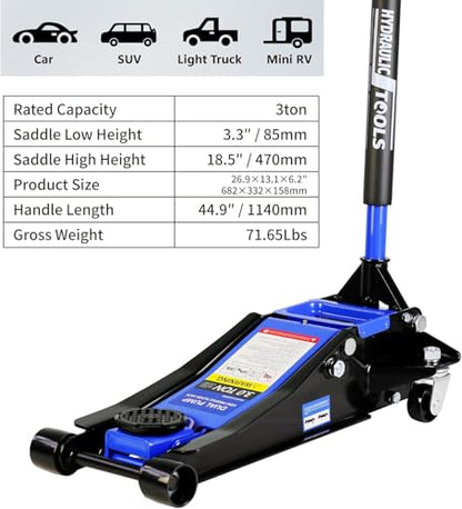 3 Ton Low Profile Floor Jack, Heavy Duty Floor Jacks with Dual Pistons Quick Lift Pump, Steel Car Jack Adjustable Height 3.3"-18.5", Hydraulic Trolley Floor Jack 3 Ton/6600 LBS Capacity, Blue - color: Blue - 3 Ton(Dual Pump), Lift 3.3"-18.5"