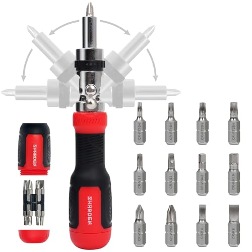SHARDEN Ratcheting Screwdriver 13-in-1 Multibit Screwdriver All in One Screwdriver Set with Phillips, Flat Head, Torx Security, Hex, Robertson, 180 Degree Pivoting Adjustable Angled Screw Driver Set - color: Red