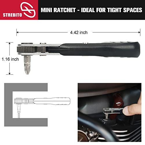 STREBITO Mini Ratchet Set, 22-Piece 1/4 Ratchet Right Angle Screwdriver, 36-Tooth Small Ratcheting Wrench Bit Ratchet For Tight Spaces, with Phillips, Slotted, Torx, Hex, Square and Adapter for Socket - color: 22 in 1
