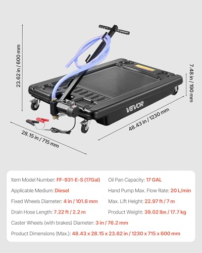 VEVOR Low Profile Oil Drain Pan, 17-Gallon Plastic Oil Change Pan, Effective Oil Drain Cart with 180W Electric Pump, Wheels & Folding Handle, Oil Drain Tank for Cars, SUVs, Trucks, Buses, RVs