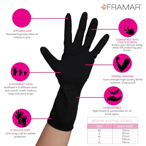 FRAMAR Black Nitrile Gloves Disposable Latex Free, For Hair Dye, Cleaning | Extra Large Nitrile Gloves xl, Tattoo, Mechanics, Extra Durable & Resistant, 12 Inches Long, 100 Pack - size: X-Large