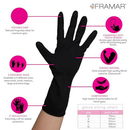 FRAMAR Black Nitrile Gloves Disposable Latex Free, For Hair Dye, Cleaning | Extra Large Nitrile Gloves xl, Tattoo, Mechanics, Extra Durable & Resistant, 12 Inches Long, 100 Pack - size: X-Large