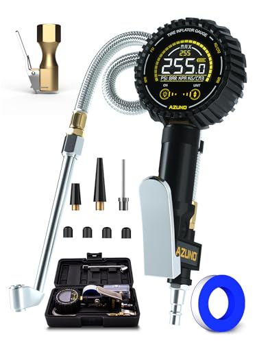 AZUNO Digital Tire Inflator Gauge 255 PSI, Heavy Duty Tire Pressure Gauge with Air Chuck, Steel Braided Hose, Quick Connect Coupler & Case for Truck RV Trailer - size: 255PSI For Truck / RV