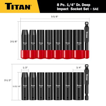 Titan 46301 8-Piece 1/4-Inch Drive SAE Deep Impact Socket Set, 6-Point, SAE Sizes 3/16 to 9/16-Inch - size: 8-Piece SAE Deep, style: 1/4-Inch Drive