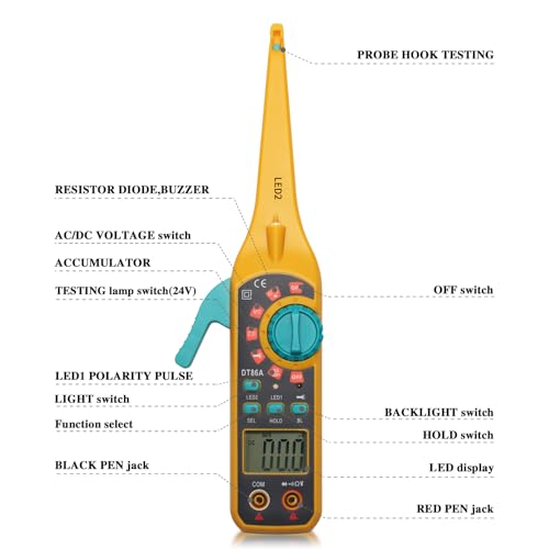 Automotive Circuit Tester with Hook Probe, 4-in-1 Digital Multimeter Auto Electrical Tester DC/AC Aging Voltage Resistance Continuity Battery Diode Tester with Screen for Car Truck Repair