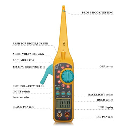 Automotive Circuit Tester with Hook Probe, 4-in-1 Digital Multimeter Auto Electrical Tester DC/AC Aging Voltage Resistance Continuity Battery Diode Tester with Screen for Car Truck Repair