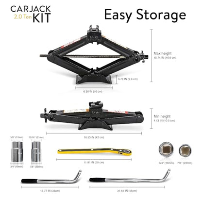 Car Jack Kit 2 Ton Scissor Jack with Lug Wrench Auto Tire Change Tool | Portable emergency kit, Cars & SUVs, Spare tire changing, LED headlamp, Tire pressure gauge, Work gloves - size: Car Jack Kit 2 Ton + Lug Wrench