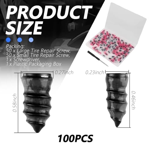 100PCS Tire Plug Kit,Self-Service Flat Tire Repair Kit Including Screwdriver,Upgraded Thickened Adhesive-Covered Tires Repair Screws for Sudden Flat Tyres Emergencies (100PCS) - color: 100PCS