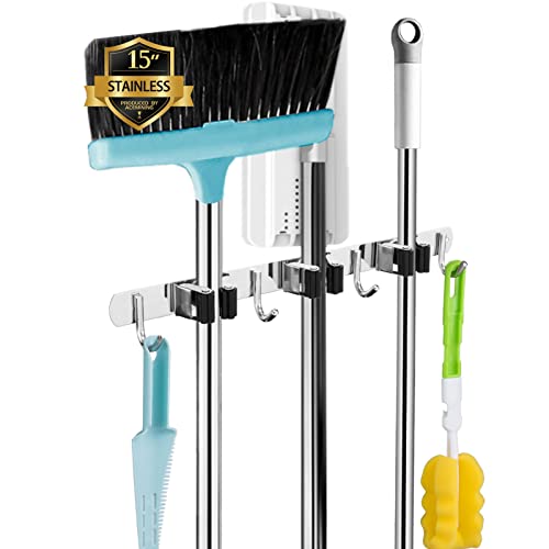 AceMining Broom Holder Wall Mount, 3 Racks 4 Hooks Heavy Duty Mop Organizer | Mop Holder Wall Mount and Broom Hanger for Garage, Laundry Room, Kitchen and Utility Storage - color: 3 Racks & 4 Hooks (Silver) - 1 Pack