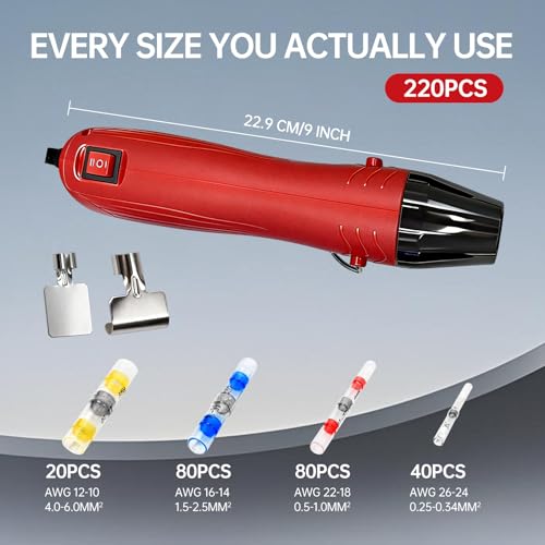 220PCS Solder Seal Wire Connectors Kit with Dual Temp Heat Gun, Heat Shrink Solder Butt Connectors Waterproof Electrical Terminals for Automotive Marine Boat RV Wiring Repair (220, RED) - color: RED