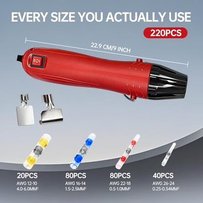 220PCS Solder Seal Wire Connectors Kit with Dual Temp Heat Gun, Heat Shrink Solder Butt Connectors Waterproof Electrical Terminals for Automotive Marine Boat RV Wiring Repair (220, RED) - color: RED