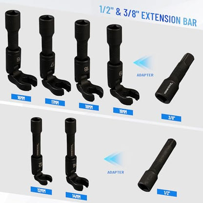 8pc 3/8" and 1/2" Flex Head Crows Flare Nut Wrench Socket Foot Line Wrench kit Set Flex Injector Fuel Line Crowfoot Flare Nut Size 12 14 16 17 18 19 mm Extension Bar