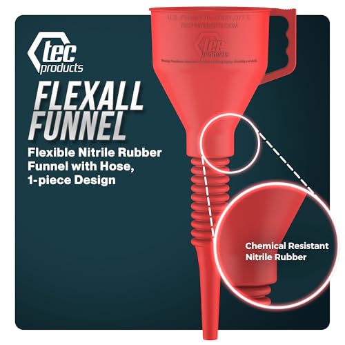 TEC Products FlexAll Long Flexible Funnels - Automotive Oil Funnel with Hose, Durable Nitrile Rubber for Oil Change, Transmission Funnel Fluid, Diesel, Fuel, Gas - Made in USA - Red (12 x 4 Inches) - color: Red, size: Small