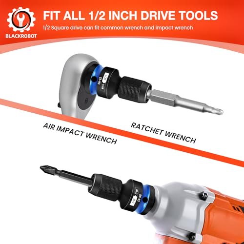 BLACKROBOT 2PCS Quick Release Impact Bit Holders 1/2-Inch Square Drive to 1/4-Inch Hex Socket Adapter, CR-MO Steel, Blue - size: 1/2 Impact Bit Holder-2