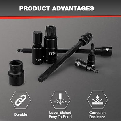 EACELIY 107PCS Bit Socket Set,1/4”,3/8 & 1/2” Drive Bit Socket Set,Torx/Extra Long/Tamper Proof/Hex/Ball End Hex,S2 Alloy Steel & CR-V,SAE&Metric - size: 107PCS
