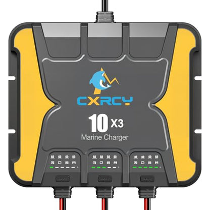3 Bank Battery Charger 12V, 30A (10A/Bank) onboard Charger, Waterproof Marine Charger, Battery Maintainer & Desulfator for SLA/AGM, Lithium (LiFePO4), Calcium & Deep-Cycle Battery - Charged 24/7
