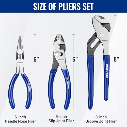 WORKPRO Pliers Set, 3-Piece Plier Tool Set with Soft Handle | 6" Needle Nose Plier, 6" Slip Joint Plier, 8" Groove Joint Plier for DIY & Home Use - color: Blue