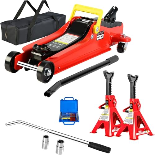 5 Piece Car Truck Floor Jacks Service, Floor Jack & Jack Stands & Tire Repair Kit & L-Wrench for Garage Automotive Repair Shop DIY, Lift Range 3.3"-15.2", Trolley 2 Ton/4000 LBS Capacity, Red - color: Red Floor Jack+2 Jack Stands+Repair Kit+Wrench
