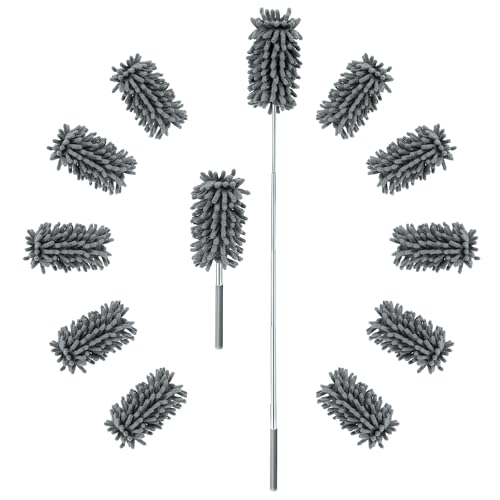ZZ LAZYCOTTAGE 12 Pack High Duster with Extension Pole, Reusable & Washable Feather Duster, Microfiber Dusters for Cleaning for Ceiling Fan, Sofas, Ceiling, Car, Cabinet, Furniture, Blind(Gray) - color: Gray