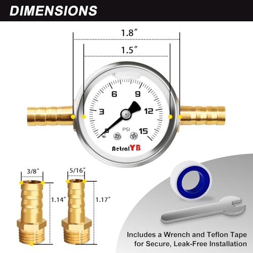 0-15Psi Fuel Pressure Test Kit,1-1/2" Dial Size,Glycerin Filled,with 1/8" NPT Pressure Gauge, Inline Fuel Pressure Regulator with Gauge for Car,with 3/8'' 5/16'' Barb Mounting Connection - size: 0-15PSI(White), style: T -Fitting Mount (11PCS Kit)