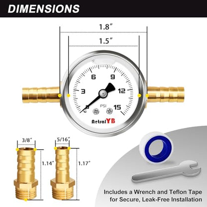 0-15Psi Fuel Pressure Test Kit,1-1/2" Dial Size,Glycerin Filled,with 1/8" NPT Pressure Gauge, Inline Fuel Pressure Regulator with Gauge for Car,with 3/8'' 5/16'' Barb Mounting Connection - size: 0-15PSI(White), style: T -Fitting Mount (11PCS Kit)