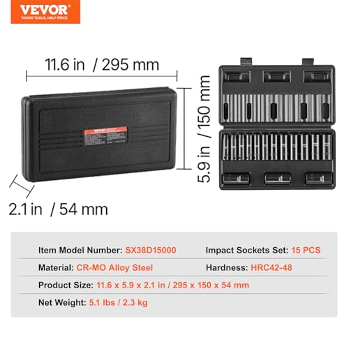 VEVOR 3/8" Drive Impact Socket Set, 15 Piece Deep Socket Set Metric 8-22mm, 6 Point Cr-Mo Alloy Steel for Auto Repair, Easy-to-Read Size Markings, Rugged Construction, Includes Storage Case - style: 3/8" 15PCS CR-MO