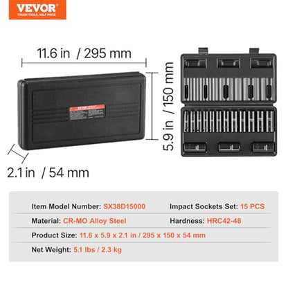 VEVOR 3/8" Drive Impact Socket Set, 15 Piece Deep Socket Set Metric 8-22mm, 6 Point Cr-Mo Alloy Steel for Auto Repair, Easy-to-Read Size Markings, Rugged Construction, Includes Storage Case - style: 3/8" 15PCS CR-MO