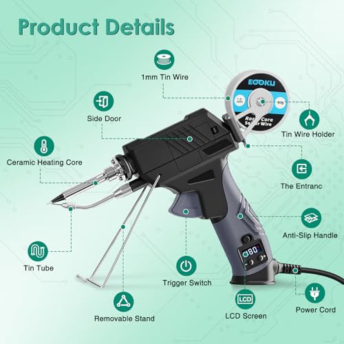 Soldering Iron gun Kit,60W Auto Feed Soldering Kit with Adjustable Temperature LCD Display,Wire,Tip Cleaner,5 Tips,Pump,Tweezers for Electronic PCB Repair,DIY - style: Gun