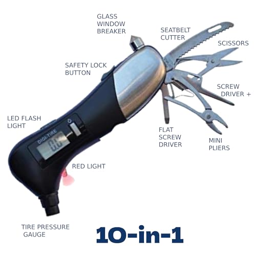 Digital Tire Pressure Gauge 10-in-1 Car Gift Multi-Tool in Gift Box - LED Flashlight, Red Light, Air Pressure Gauge, Car Window Breaker, Scissors, 2 Screwdrivers, Pliers, and Seatbelt Cutter