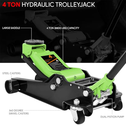 DNA Motoring Low Profile Hydraulic Trolley Service/Floor Jack, 4 Ton (8000 lbs) Capacity, Lifting Range 4.5"-20", Green, TOOLS-00307-GR - color: Green, style: 4 ton